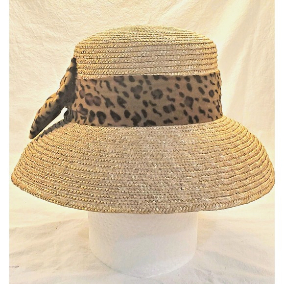 JS Collections Accessories - Vtg  Natural Straw Bucket Boho Beach Hat Big Brim Chloe Cheetah Band One Size